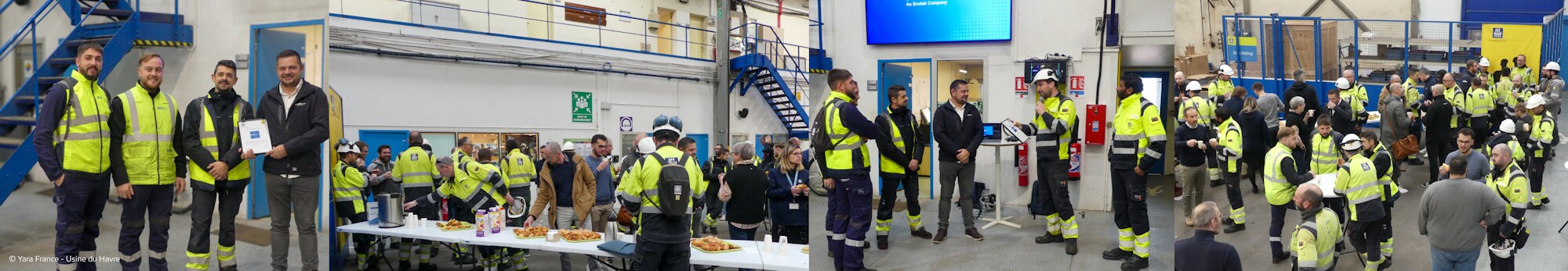 A collage of Ecolab colleagues standing next to the water management site.