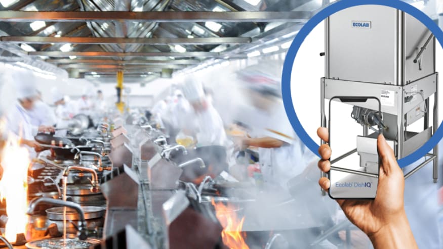 A hand holding a phone showing the Ecolab DishIQ app with the dishmachine behind it. A group of chefs and restaurant employees in a busy kitchen.