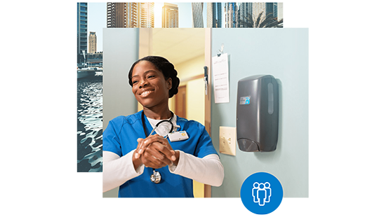 Helping People Thrive - Healthcare employee sanitizing hands