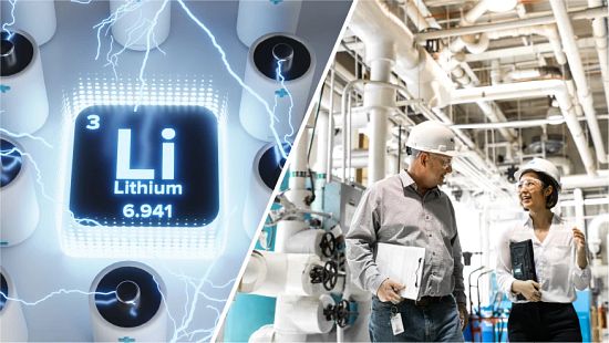The periodic table element of Lithium using the letter l-i at the center of batteries connected with thunder-bolt like energy circuits combined with two ecolab employees, a male and female, in a manufacturing setting wearing hard hats.